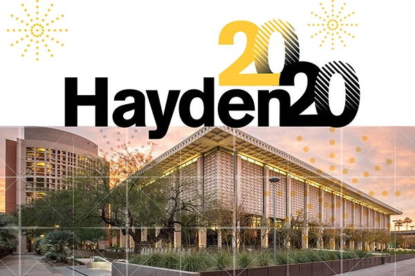 The words 'Hayden 2020' with postmodern representations of fireworks above an image of the exterior of the renovated Hayden Library building at sunrise, overlaid with geometric designs from the architectural features found in the interior of the building.