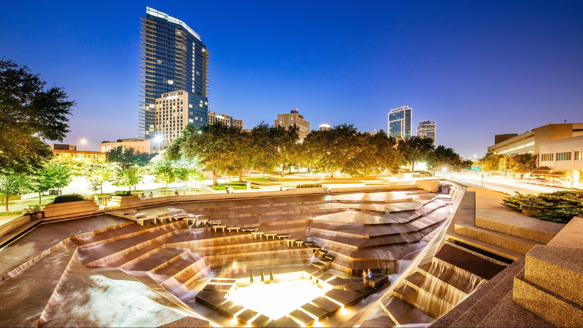 Omni Fort Worth as seen from the Fort Worth Water Gardens. 